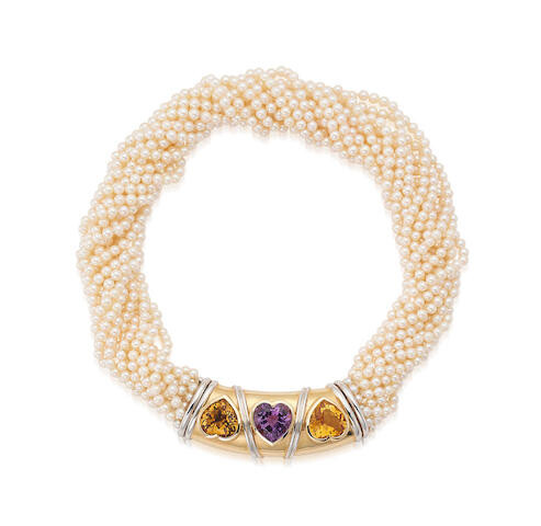 A cultured pearl, amethyst and citrine collar
