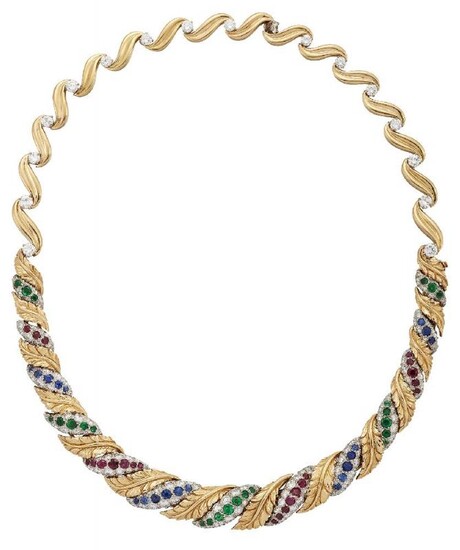 A diamond and gem-set necklace, the front...