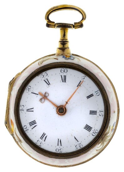 A gilt and enamel pair cased pocket watch, by Robert Markham, the circular white enamel dial with applied Roman numerals and Arabic minutes, approximate diameter 40mm, key wind gilt fusee verge escapement movement signed Robt Markham, London...