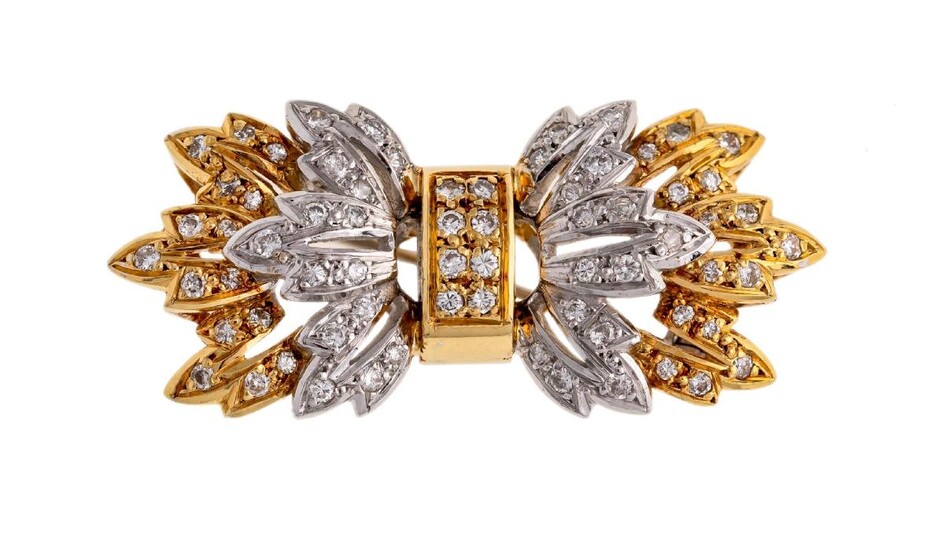 A gold and diamond bow brooch, set with brilliant-cut diamonds, British import marks for 18-carat gold, London 1988, length 3.5cm