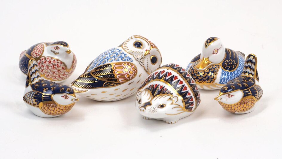 A group of Royal Crown Derby Imari paperweights, 20th century, including a hedgehog, a duck, an owl and other birds, the largest at 13cm long, with printed factory marks (6)