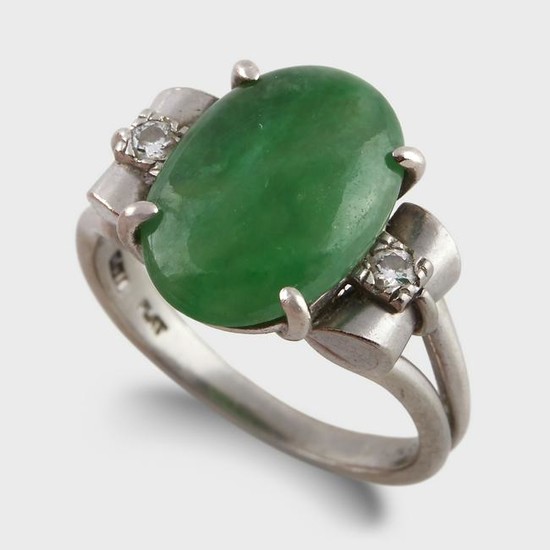 A jade, diamond, and platinum ring