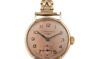A lady's 9ct gold wristwatch by Longines, the circular dial...