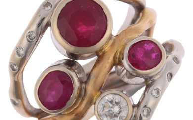 A large 18ct two-colour gold ruby and diamond openwork ring,...