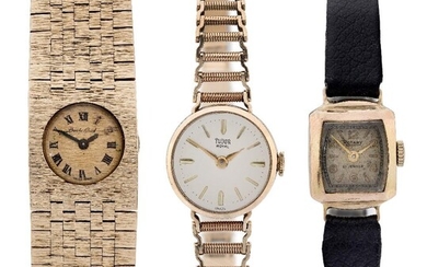 A lot of three lady's various bracelet watches, including a Tudor to a gold link bracelet, a 9ct gold Beuche Girod bracelet watch and a small sized gold rotary wristwatch (3)