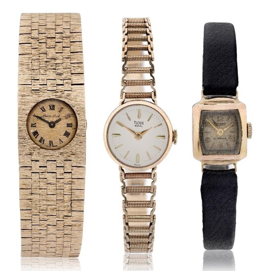 A lot of three lady's various bracelet watches, including a Tudor to a gold link bracelet, a 9ct gold Beuche Girod bracelet watch and a small sized gold rotary wristwatch (3)