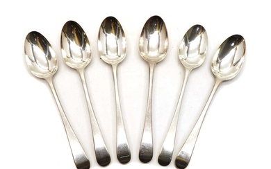 A matched set of six George III silver Old English pattern dessert spoons