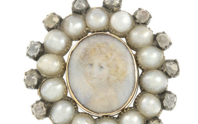 A mid 19th century gold split pearl and diamond portrait brooch.