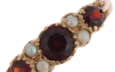 A mid-20th century 9ct gold seven stone garnet and pearl hal...