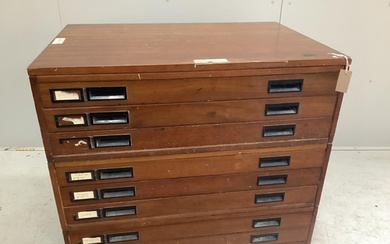 A mid century teak three section nine drawer plan chest, wid...