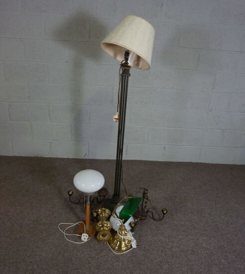 A modern standard lamp with cluster column pillar, together with three modern table lamps and a pair