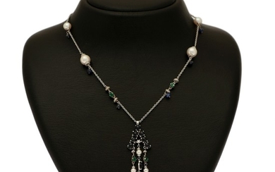 A necklace and pendant set with numerous sapphires, six emeralds, seven cultured pearls and seven diamonds, mounted in 18k white gold. L. 47 cm.