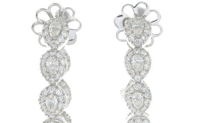 A pair of 18ct gold pear-shape and brilliant-cut diamond cluster front-facing hoop earrings.