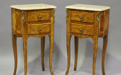 A pair of 20th century French kingwood and gilt metal mounted, marble topped bedside chests, each fi