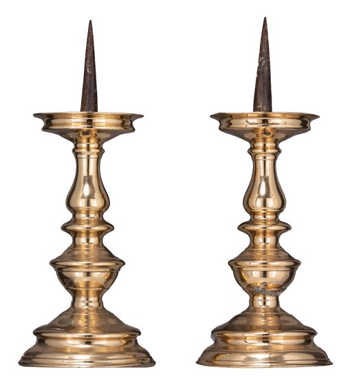 A pair of Baroque pricket candlesticks, the Southern Netherlands, 17thC, H 35,5 - 36 cm