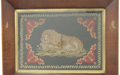 A pair of British needlepoint pictures of lions, early 19th century, each...