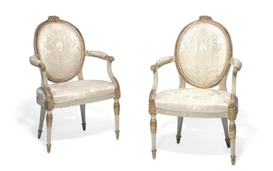 A pair of George III painted and giltwood armchairs in the Adam...
