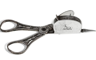 A pair of George III silver candle snuffers, London, 1778, probably John Booth, with pierced, beaded handles and engraved with crest, 13.3cm long, approx. weight 2.4oz