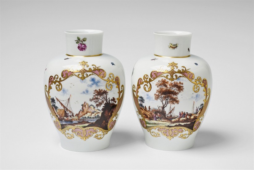 A pair of Meissen porcelain vases with mercha ...