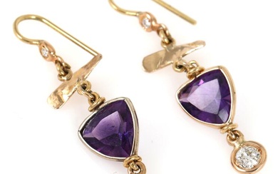 A pair of amethyst and diamond ear pendants each set with a...