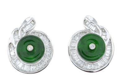 A pair of baguette-cut diamond and jade cluster earrings.