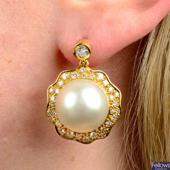 A pair of 'black' and 'white' cultured pearl and pavé-set diamond earrings, attributed to Grima.