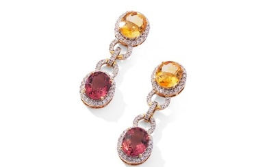A pair of diamond and gem-set pendent earrings
