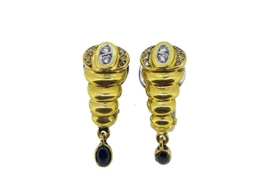A pair of diamond and sapphire ear pendants