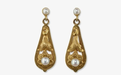 A pair of drop earrings with cultured pearls
