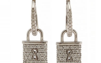 A pair of ear pendants in the shape of a padlock each set with numerous diamonds, totalling app. 0.70 ct., mounted in 18k rhodium plated gold. L. 25 mm. (2)