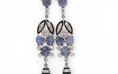 NOT SOLD. A pair of sapphire and diamond ear pendants each set with five sapphires, diamonds and laquer, mounted in 14k white gold. (2) – Bruun Rasmussen Auctioneers of Fine Art