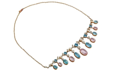 A pink topaz, aquamarine, pearl and diamond necklace, circa 1910