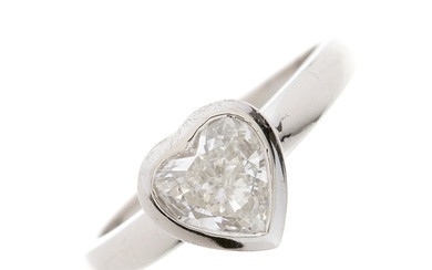 A platinum heart-shape diamond single-stone ring, with sligh...