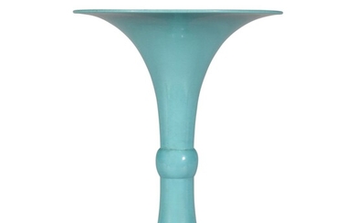 A rare turquoise-glazed gu-shaped vase, Incised seal mark and period of Qianlong | 清乾隆 孔雀藍釉花觚 《大清乾隆年製》款