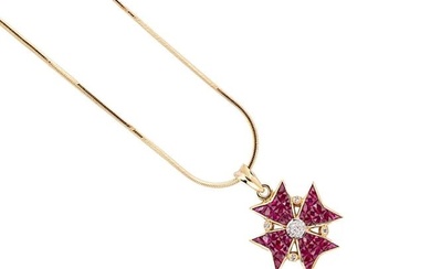 A ruby and diamond Maltese cross pendant and chain