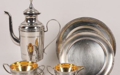 A set of 6 pieces of silver/metal COFFEE/TEA TABLEWARE, 20th century.