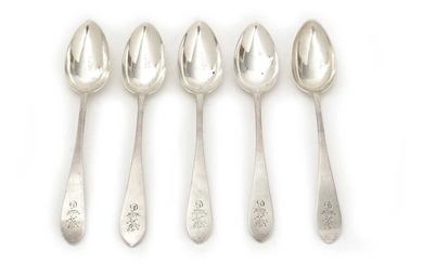 A set of five George III silver Scottish dessert spoons.