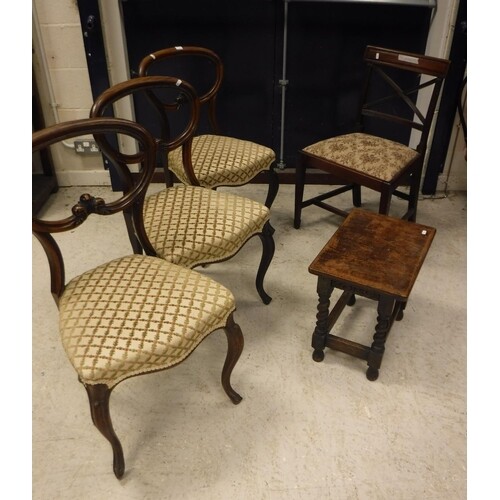 A set of three Victorian rosewood kidney back dining chairs ...