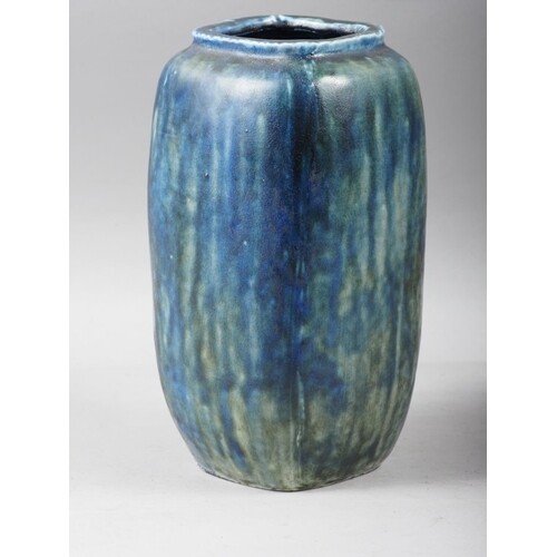A stoneware square-section vase with blue mottled glaze, ins...