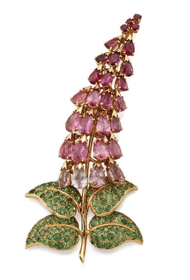 Amendment: please note that the brooch is additionally stamped with later British import marks for London 1992, Garrards & Co.A tourmaline and garnet brooch by René Boivin, modelled as a foxglove with pear shaped shaded pink tourmaline articulated...