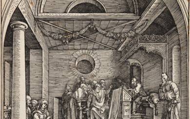 ALBRECHT DÜRER Christ among the Doctors. Woodcut, circa 1503. 296x209 mm; 11 3/4x8...