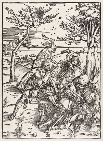 ALBRECHT DÜRER Hercules Conquering the Molionide Twins. Woodcut, 1496-98. 390x283 mm; 15 1/4x11...