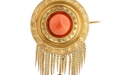AN ANTIQUE CORAL TASSEL BROOCH, 19TH CENTURY in yellow