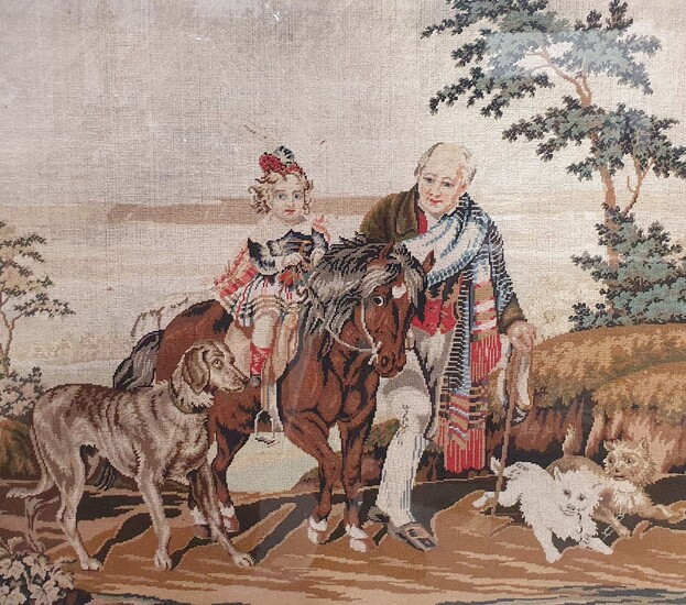 AN ANTIQUE WOOLWORK TAPESTRY