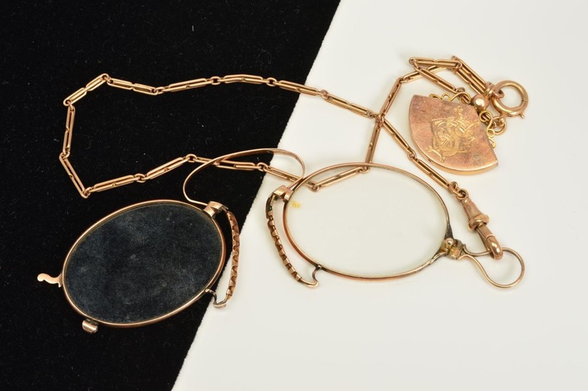 AN EDWARDIAN PINCE-NEZ AND 9CT GOLD CHAIN, the pince-nez wit...