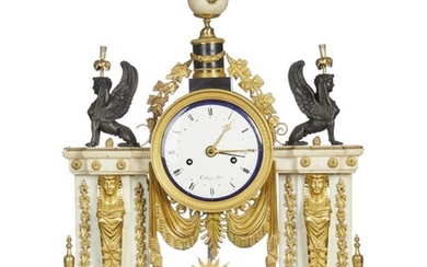 AN EXCEPTIONAL DIRECTOIRE PERIOD MARBLE, GILT AND PATINATED BRONZE CLOCK