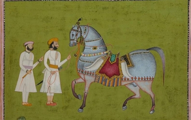 AN INDIAN MINIATURE DEPICTING TWO MEN AND A HORSE