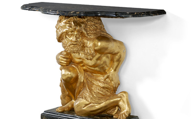 AN ITALIAN GILTWOOD CONSOLE TABLE IN THE FORM OF HERCULES...