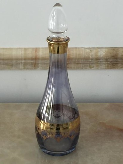 ANTIQUE PURPLE & GOLD ITALIAN GLASS DECANTER W/TOP