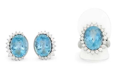 AQUAMARINE AND DIAMOND EARCLIPS WITH RING, ca.1970.